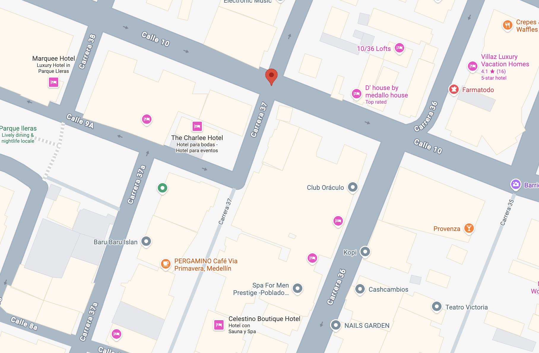 Mapa: esquina de Carrera 37 y Calle 10, Provenza, Medellín